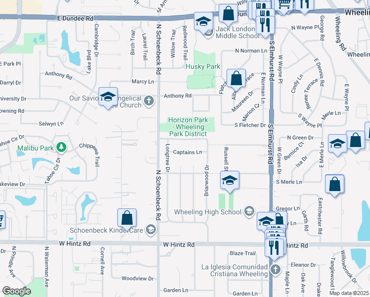map of restaurants, bars, coffee shops, grocery stores, and more near 1078 Captains Lane in Wheeling
