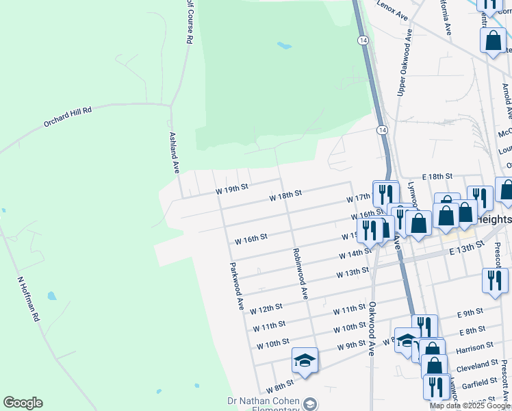 map of restaurants, bars, coffee shops, grocery stores, and more near 265 West 18th Street in Elmira
