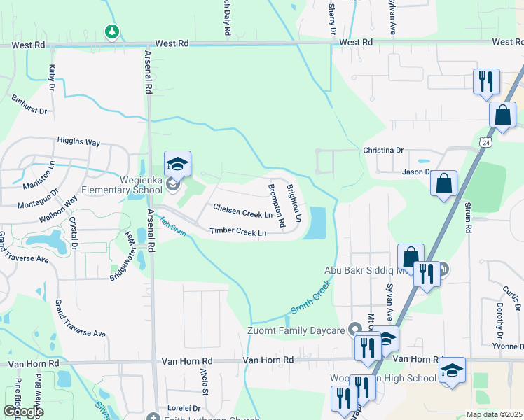 map of restaurants, bars, coffee shops, grocery stores, and more near 25540 Chelsea Creek Lane in Brownstown Charter Township