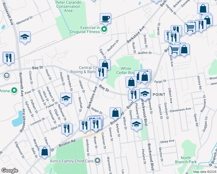 map of restaurants, bars, coffee shops, grocery stores, and more near 1532 Bay Street in Springfield