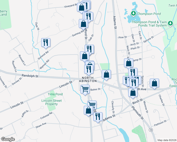 map of restaurants, bars, coffee shops, grocery stores, and more near 4 Winthrop Street in Abington