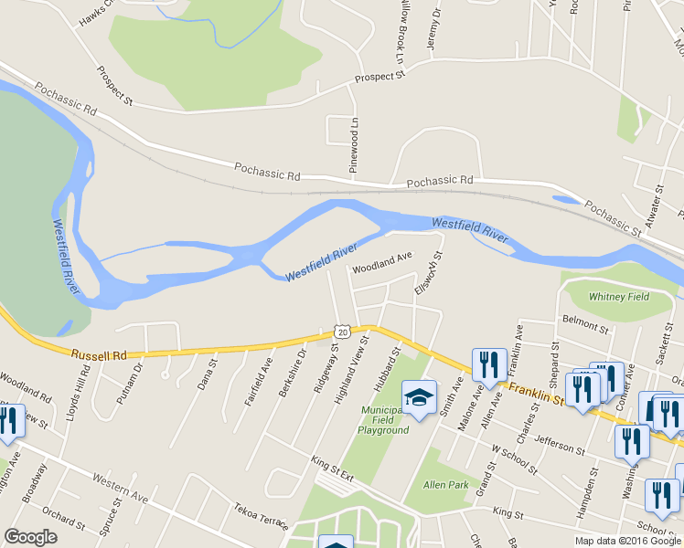 map of restaurants, bars, coffee shops, grocery stores, and more near 50 Beckwith Avenue in Westfield