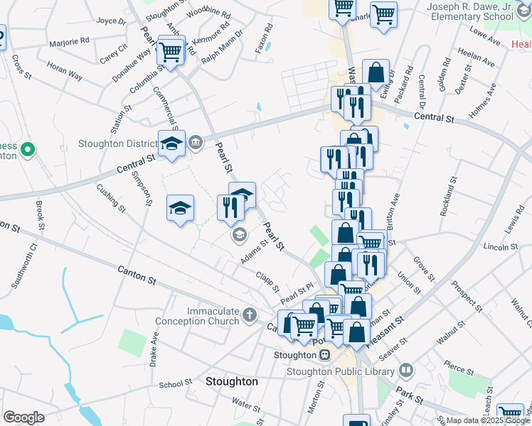 map of restaurants, bars, coffee shops, grocery stores, and more near 207 Pearl Street in Stoughton