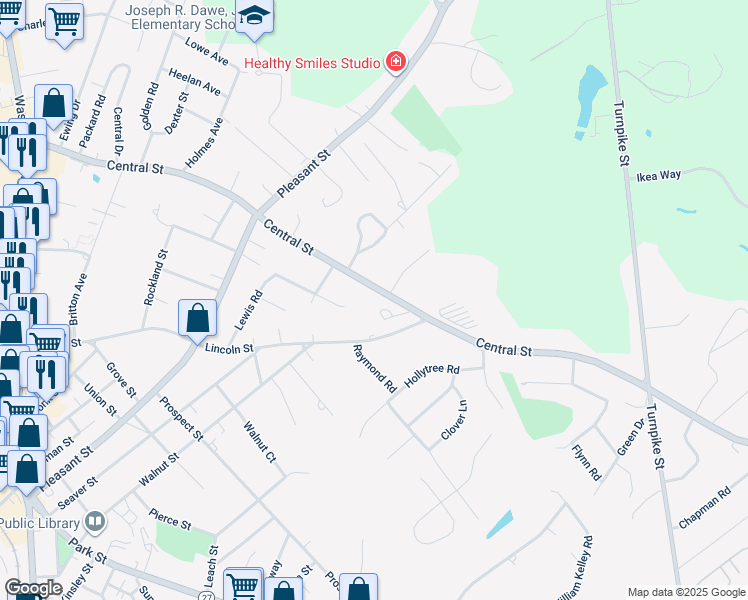 map of restaurants, bars, coffee shops, grocery stores, and more near 566 Central Street in Stoughton