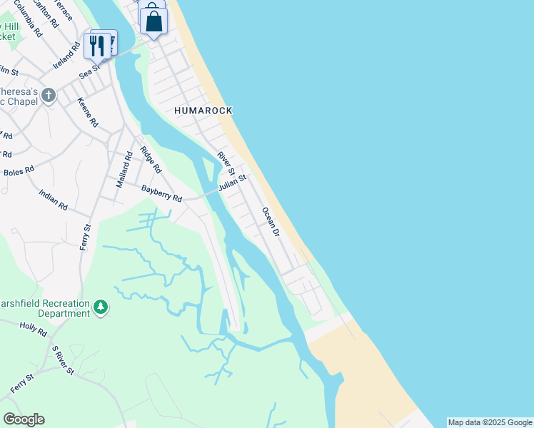 map of restaurants, bars, coffee shops, grocery stores, and more near 38 Ocean Drive in Marshfield