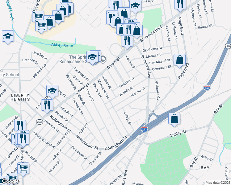 map of restaurants, bars, coffee shops, grocery stores, and more near 87 Upland Street in Springfield