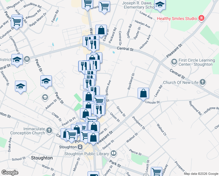 map of restaurants, bars, coffee shops, grocery stores, and more near 46 Britton Avenue in Stoughton