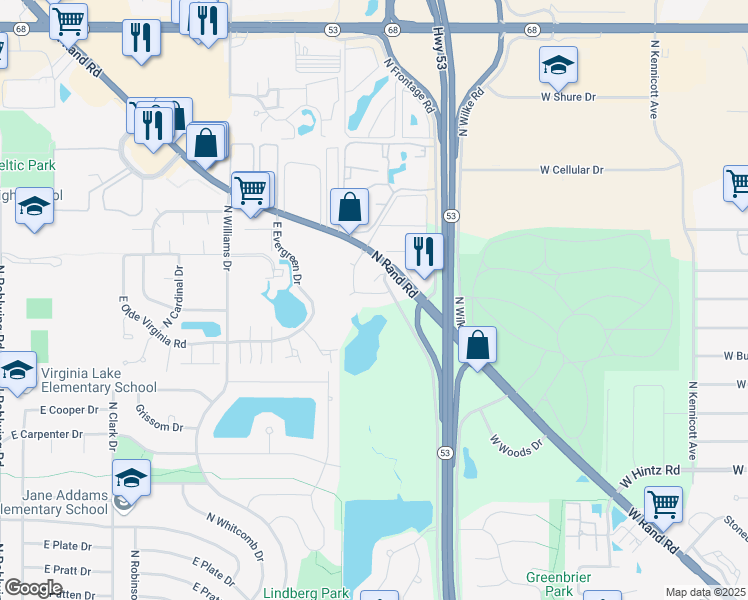 map of restaurants, bars, coffee shops, grocery stores, and more near 1044 North Claremont Drive in Palatine