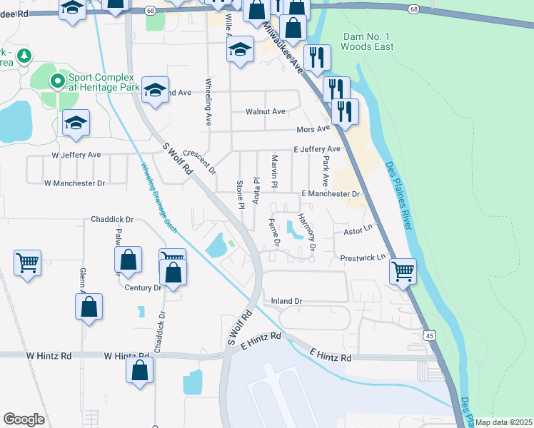 map of restaurants, bars, coffee shops, grocery stores, and more near 420 Ferne Drive in Wheeling