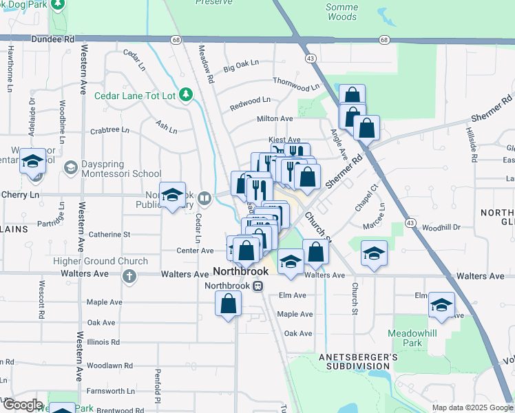 map of restaurants, bars, coffee shops, grocery stores, and more near 1965 Meadow Road in Northbrook