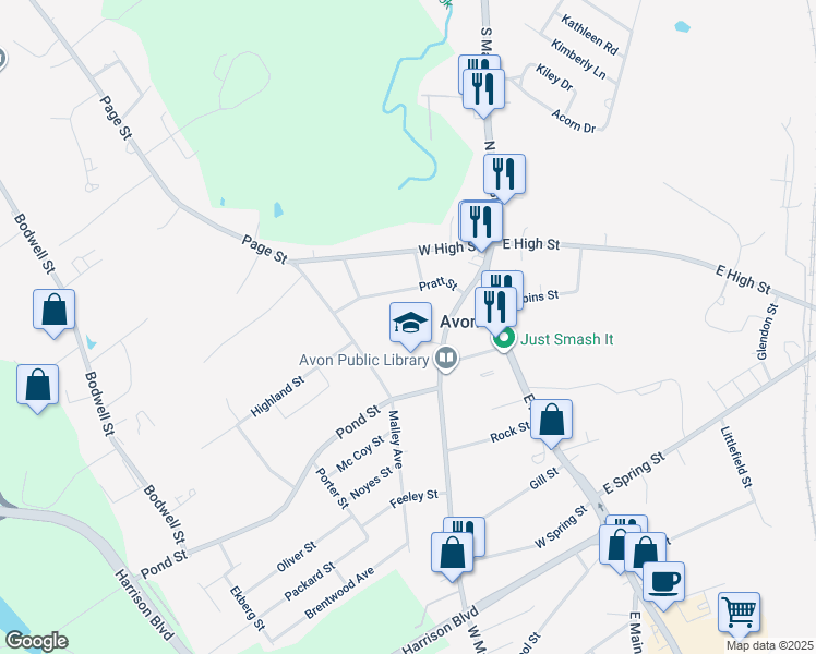map of restaurants, bars, coffee shops, grocery stores, and more near 4 Victory Avenue in Avon