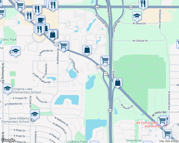 map of restaurants, bars, coffee shops, grocery stores, and more near 1064 North Claremont Drive in Palatine