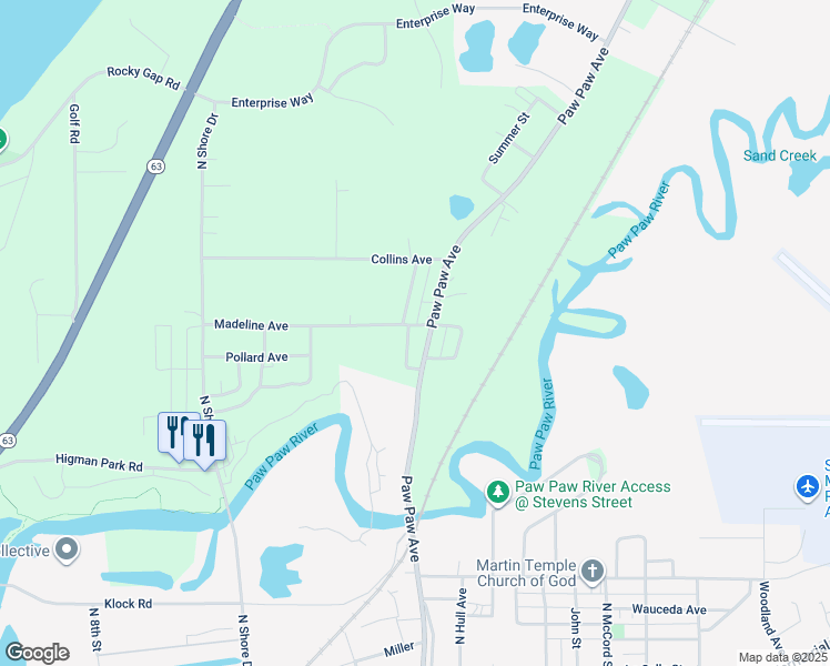 map of restaurants, bars, coffee shops, grocery stores, and more near 450 Madeline Avenue in Benton Harbor