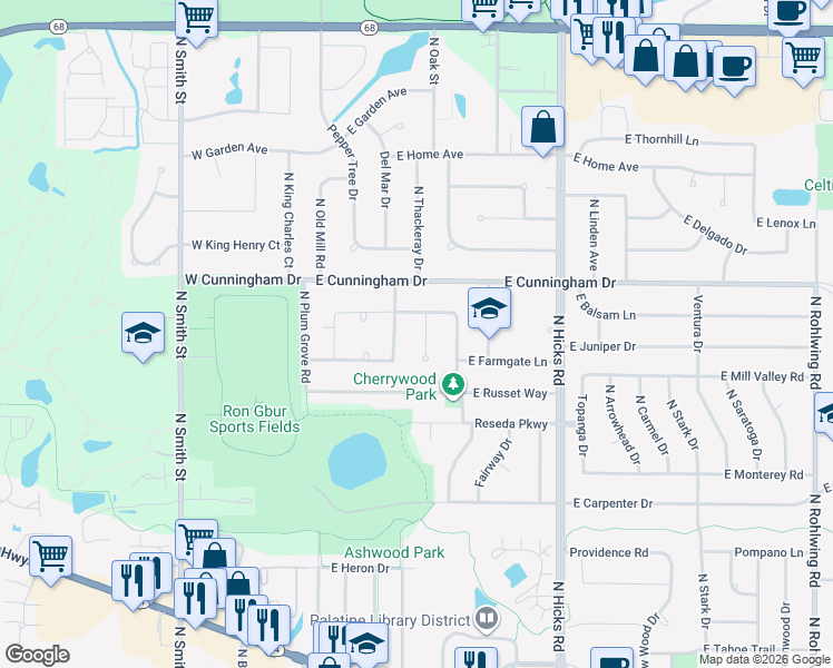 map of restaurants, bars, coffee shops, grocery stores, and more near 1014 North Apple Tree Court in Palatine
