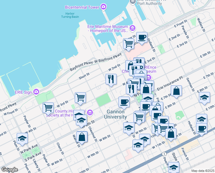 map of restaurants, bars, coffee shops, grocery stores, and more near 314 Sassafras Street in Erie