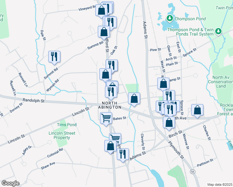 map of restaurants, bars, coffee shops, grocery stores, and more near 39 Winthrop Street in Abington