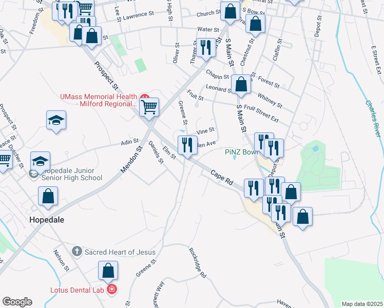 map of restaurants, bars, coffee shops, grocery stores, and more near 1 Cape Road in Milford