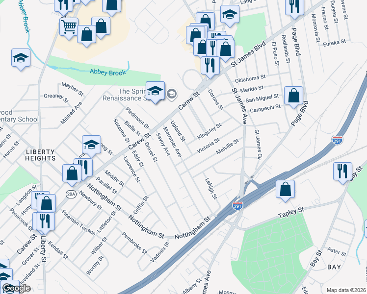 map of restaurants, bars, coffee shops, grocery stores, and more near 87 Upland Street in Springfield