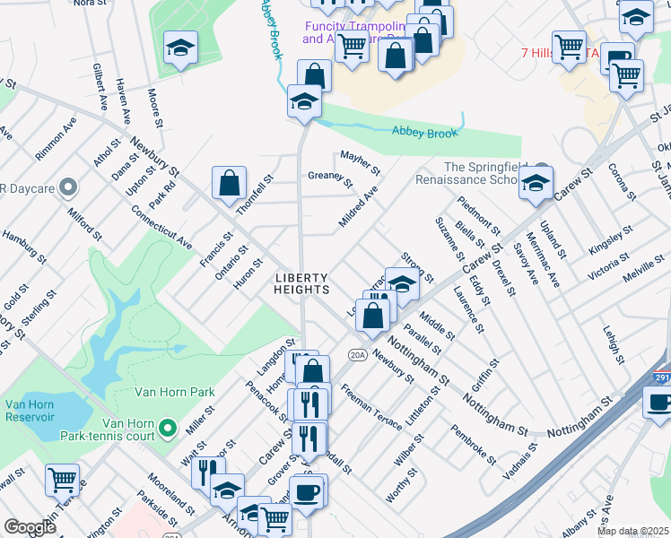 map of restaurants, bars, coffee shops, grocery stores, and more near 52 Roy Street in Springfield