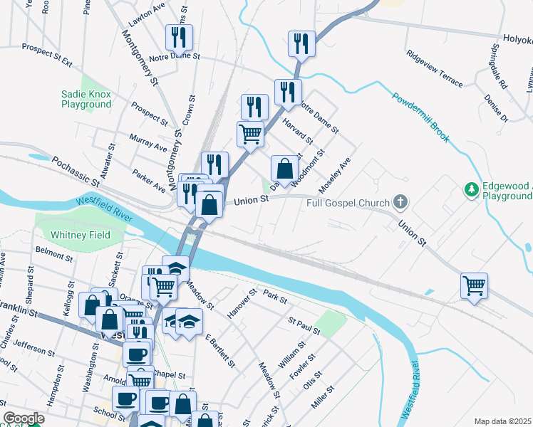 map of restaurants, bars, coffee shops, grocery stores, and more near 6 Grant Street in Westfield