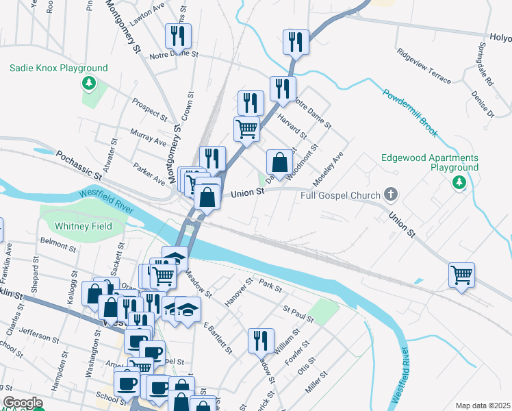 map of restaurants, bars, coffee shops, grocery stores, and more near 6 Grant Street in Westfield