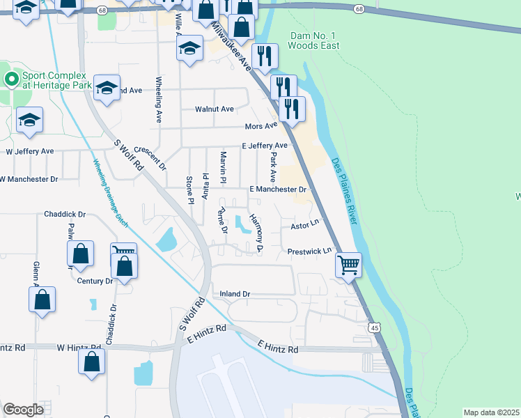 map of restaurants, bars, coffee shops, grocery stores, and more near 459 Hickory Drive in Wheeling