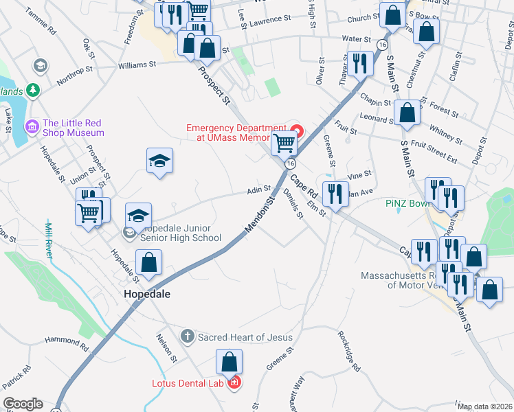 map of restaurants, bars, coffee shops, grocery stores, and more near 105 Adin Street in Hopedale