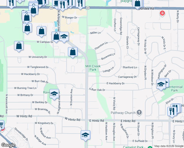 map of restaurants, bars, coffee shops, grocery stores, and more near 1434 Mill Creek Drive in Buffalo Grove