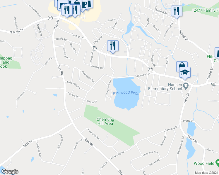 map of restaurants, bars, coffee shops, grocery stores, and more near 134 Greenwood Avenue in Stoughton