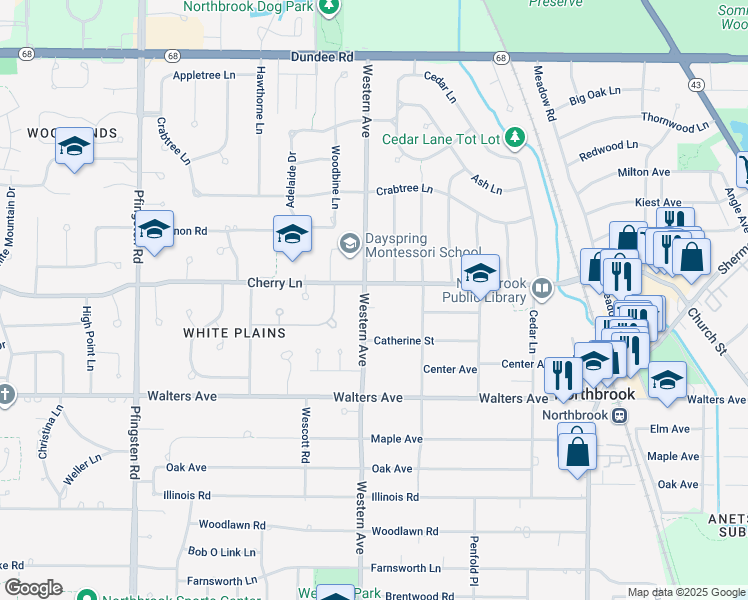 map of restaurants, bars, coffee shops, grocery stores, and more near 1211 Western Avenue in Northbrook