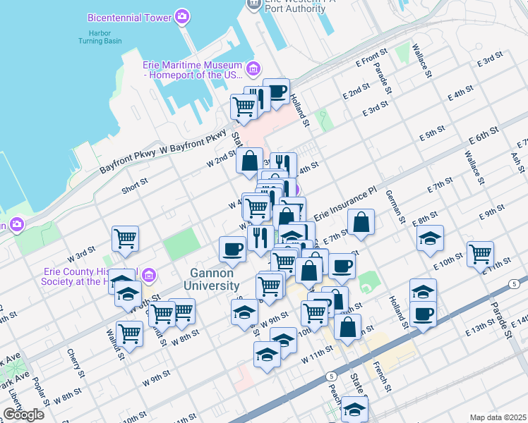 map of restaurants, bars, coffee shops, grocery stores, and more near 22 North Park Row in Erie