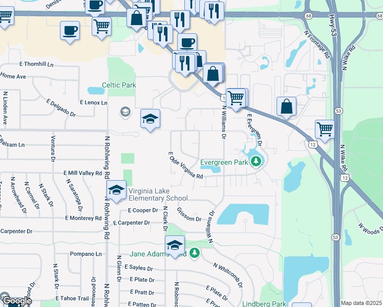 map of restaurants, bars, coffee shops, grocery stores, and more near 1074 Meadow Lake Drive in Palatine