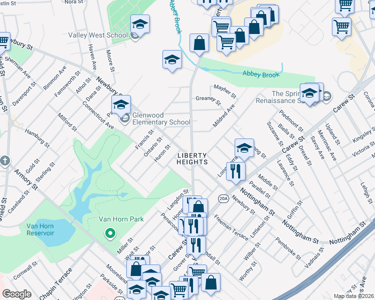 map of restaurants, bars, coffee shops, grocery stores, and more near 998 Liberty Street in Springfield