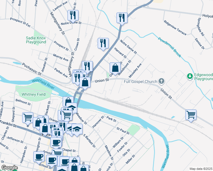 map of restaurants, bars, coffee shops, grocery stores, and more near 6 Grant Street in Westfield