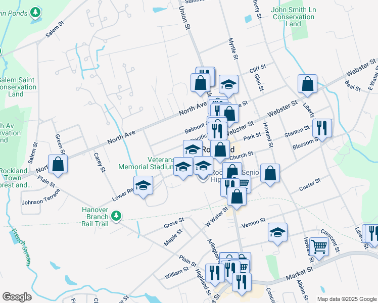 map of restaurants, bars, coffee shops, grocery stores, and more near 71 Reed Street in Rockland