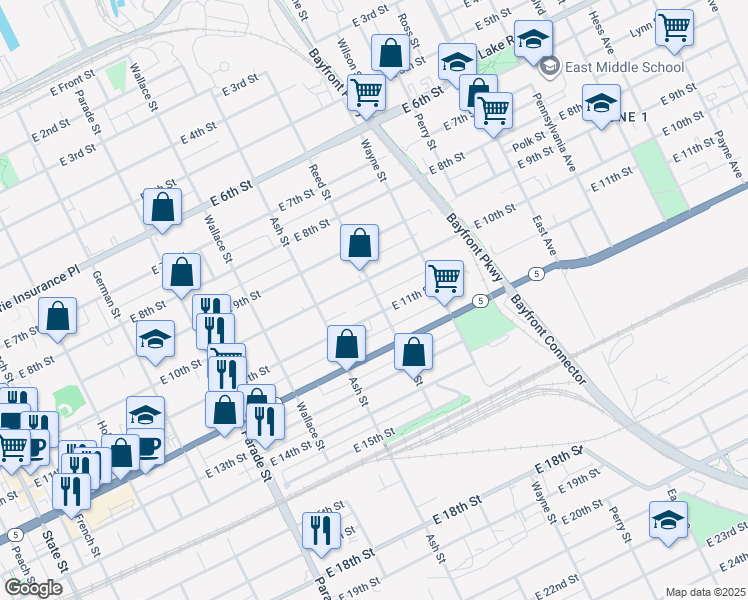 map of restaurants, bars, coffee shops, grocery stores, and more near 1020 Reed Street in Erie