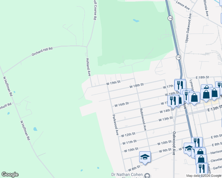 map of restaurants, bars, coffee shops, grocery stores, and more near 284 West 18th Street in Elmira