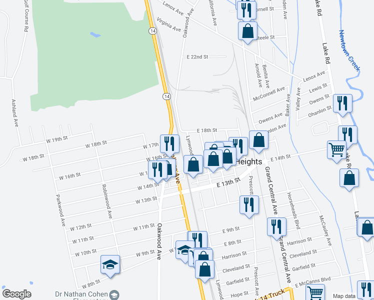 map of restaurants, bars, coffee shops, grocery stores, and more near 243 Lynwood Avenue in Elmira