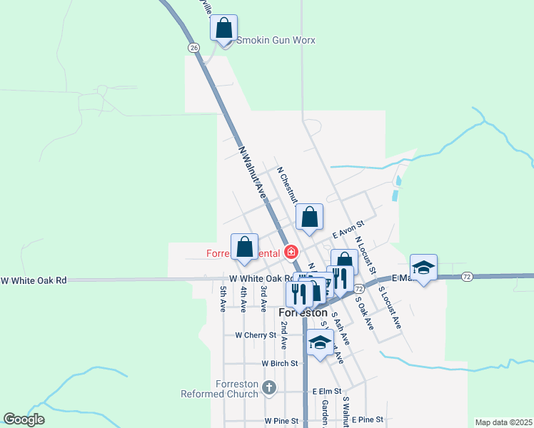 map of restaurants, bars, coffee shops, grocery stores, and more near 408 North Walnut Avenue in Forreston