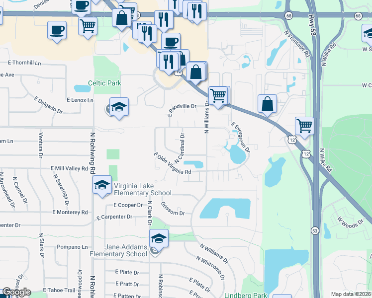 map of restaurants, bars, coffee shops, grocery stores, and more near 1146 Meadow Lake Drive in Palatine
