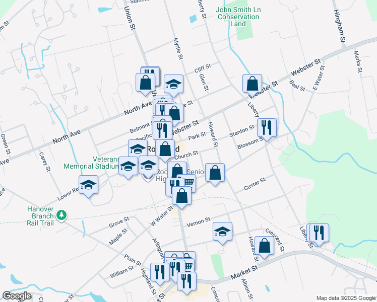 map of restaurants, bars, coffee shops, grocery stores, and more near 42 Church Street in Rockland