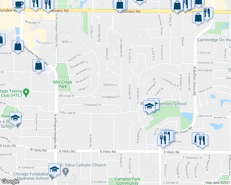 map of restaurants, bars, coffee shops, grocery stores, and more near 6 Ashford Court in Buffalo Grove