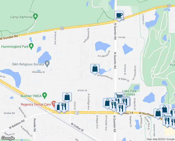 map of restaurants, bars, coffee shops, grocery stores, and more near 1029 North Knollwood Drive in Palatine
