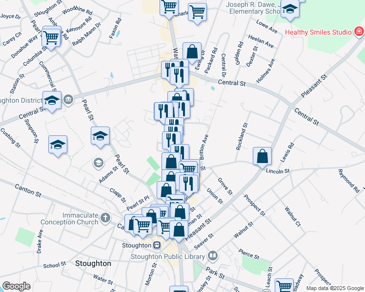 map of restaurants, bars, coffee shops, grocery stores, and more near 566 Washington Street in Stoughton