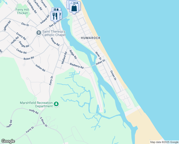 map of restaurants, bars, coffee shops, grocery stores, and more near 3 Bank Road in Marshfield
