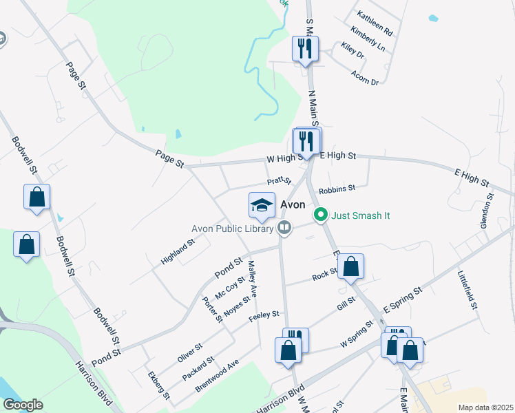 map of restaurants, bars, coffee shops, grocery stores, and more near 4 Victory Avenue in Avon