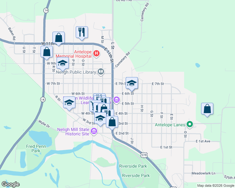 map of restaurants, bars, coffee shops, grocery stores, and more near 251 East 6th Street in Neligh