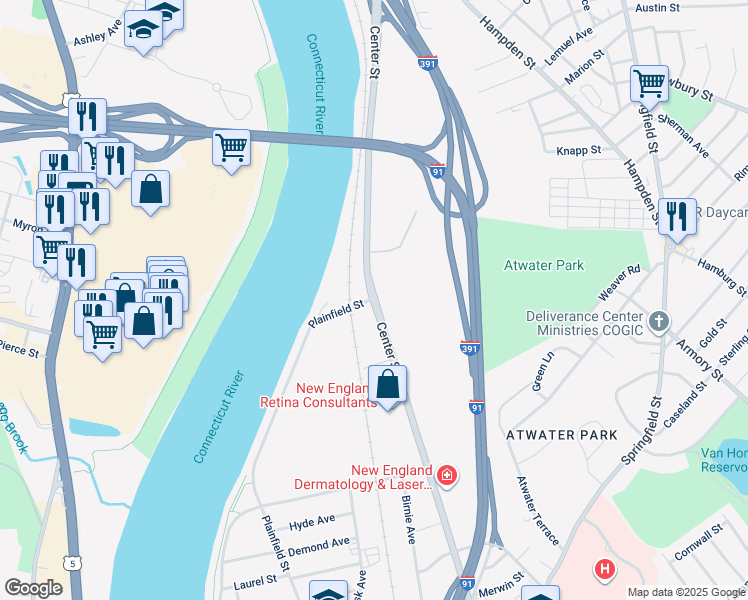 map of restaurants, bars, coffee shops, grocery stores, and more near 701 Center Street in Chicopee