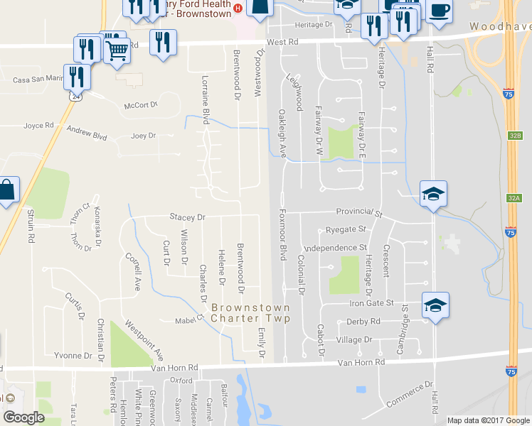 map of restaurants, bars, coffee shops, grocery stores, and more near 24129 Emily Dr in Brownstown Charter Township