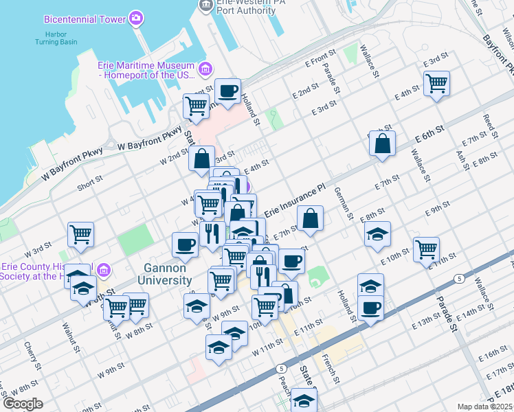 map of restaurants, bars, coffee shops, grocery stores, and more near 100 Erie Insurance Place in Erie